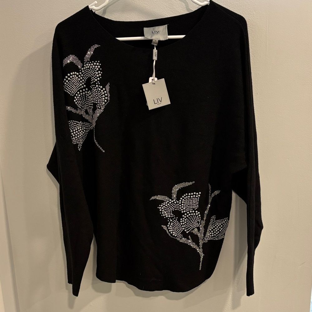 Milano Black Long Sleeve Sweater with Beautiful Detailed Silver Inlay Accents - Picture 3 of 10